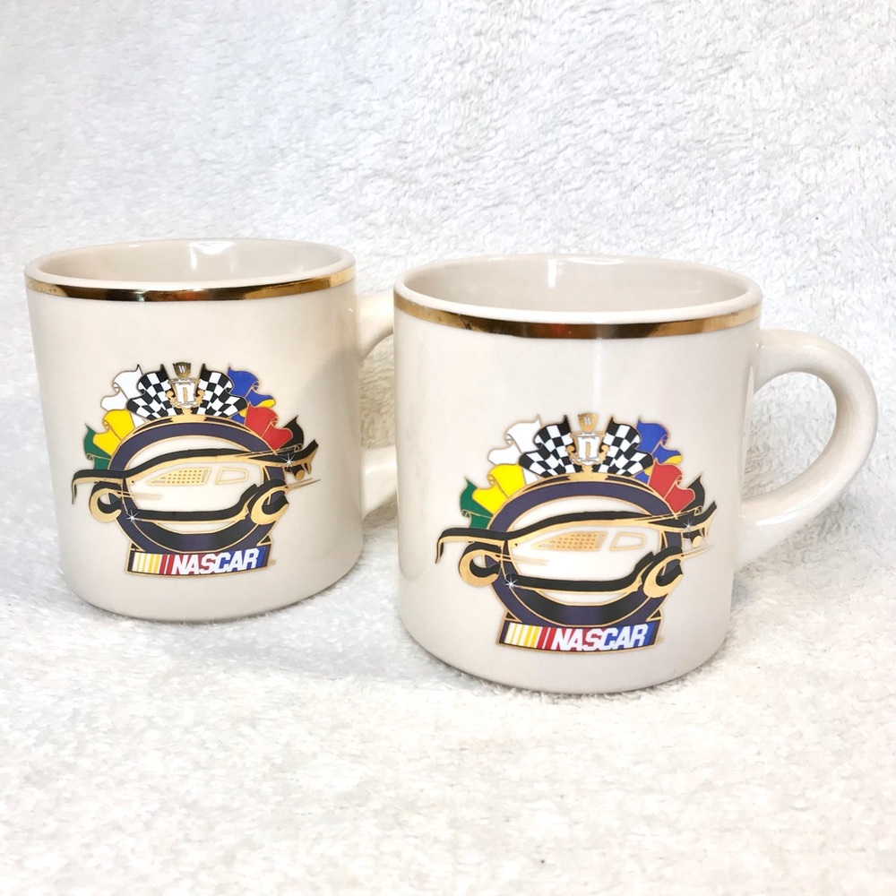 2 NASCAR racing logo large coffee mugs ivory off white with gold trim edges
